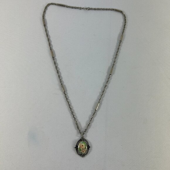 Vtg Yellow Rose Oval Pendant Cameo Style Necklace Silver Tone Ornate Cottagecore - Picture 3 of 11